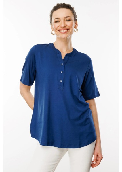 Kadın Yakası Düğmeli Penye T-Shirt 25764 Indigo