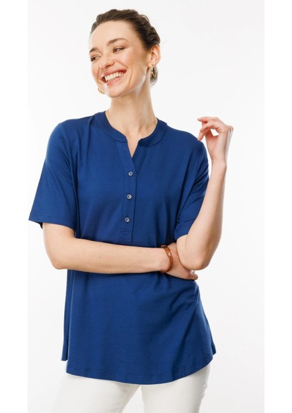 Kadın Yakası Düğmeli Penye T-Shirt 25764 Indigo modelleri