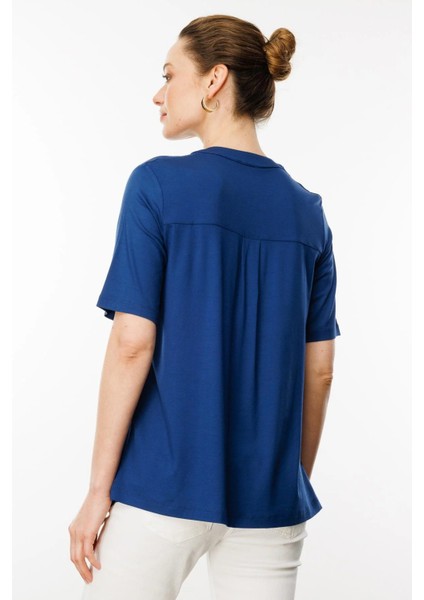 Kadın Yakası Düğmeli Penye T-Shirt 25764 Indigo fırsatları