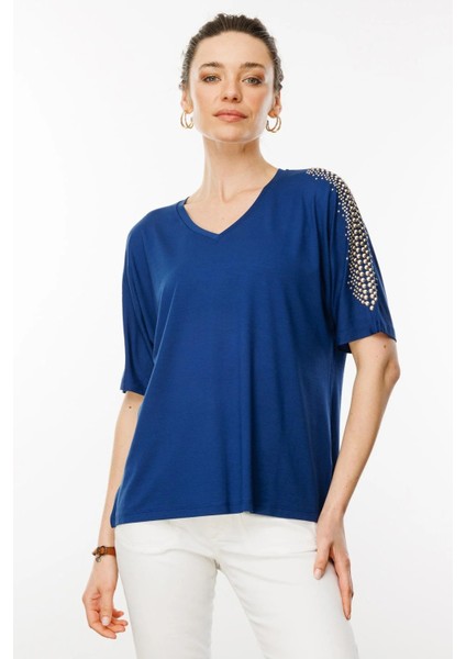 Kadın V Yaka Omuzları Taşlı Penye T-Shirt 25754 Haki