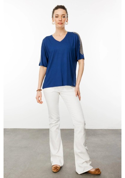 Kadın V Yaka Omuzları Taşlı Penye T-Shirt 25754 Haki fiyatları
