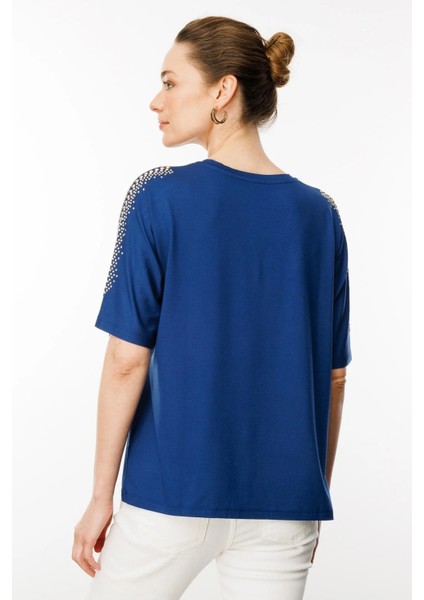 Kadın V Yaka Omuzları Taşlı Penye T-Shirt 25754 Haki fırsatları