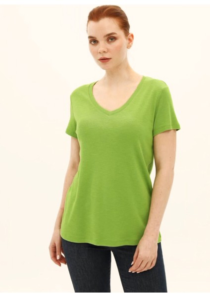 Kadın V Yaka Kısa Kollu Pamuklu Basic T-Shirt 5982 Yeşil