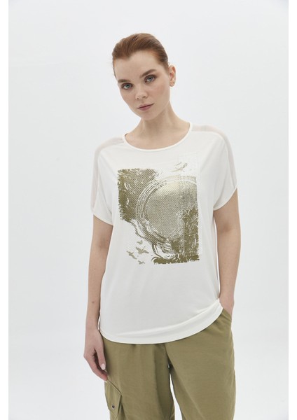 Kadın Omuzları Tül Detaylı Ön Kısım File Payet Baskılı Bluz 5820 Siyah