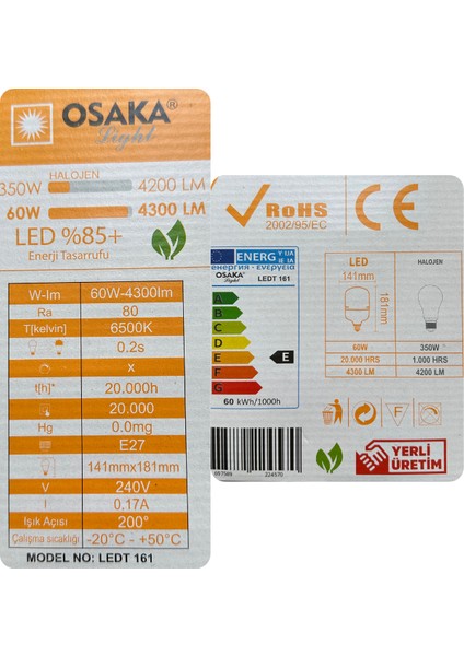 (10 adet) Osaka 60W (350W) Beyaz IŞIK E27 DUYLU (Kalın Duy) LED Torch Ampul fırsatları