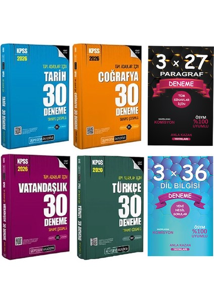 Pegem+Anla Kazan 2026 Kpss Türkçe+Tarih+Coğrafya+Vatandaşlık+Paragraf+Dil Bilgisi Deneme 6 Lü Set