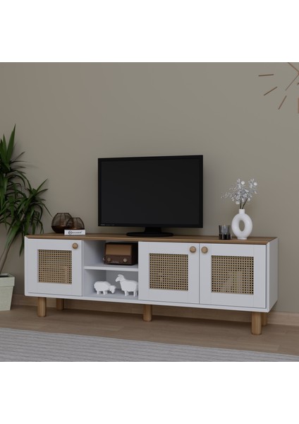 Bohem Serisi Garden Meşe - Beyaz Pvc Hasır Desen Tv Ünitesi