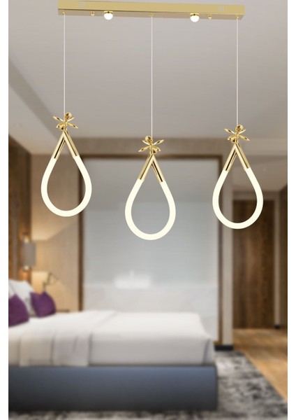 Vojens 3'lü Sıralı 42 Watt Gold Ledli Kelebek Detaylı Modern Koridor, Yatak Odası Salon Sarkıt LED