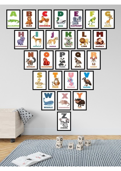 Mdf Tablo Hayvan Karakterli Renkli Ingilizce 26 Harf 10X14 cm Çerçeve Görünümlü Kreş Anaokulu Çocuk Odası Duvarı Için Renkli Dekoratif Hediyelik 26 Parça