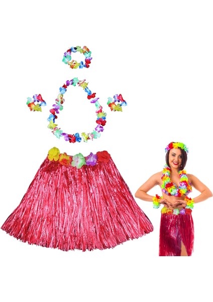 Hawaii Dans Kostümü - Kırmızı Hula Etek & Çiçek Kolye Seti