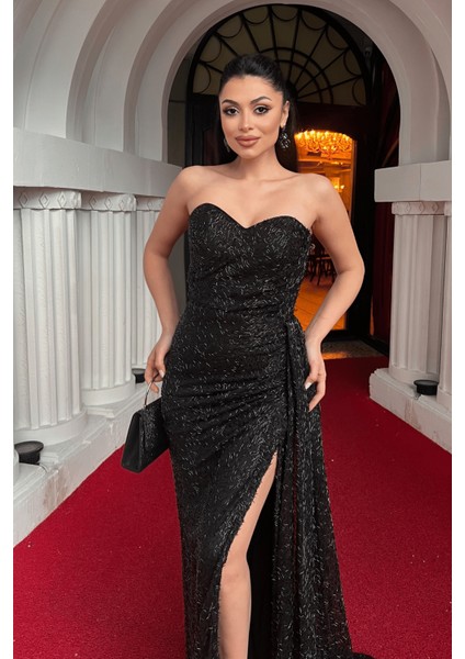 Boncuklu Kumaş Şal Detaylı Abiye Elbise - Siyah modelleri