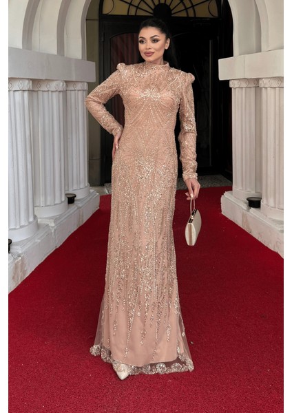 Full Boncuk Kumaş Tasarım Abiye Elbise - Bronz