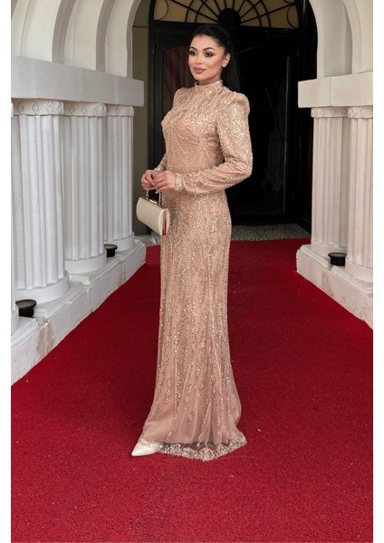 Full Boncuk Kumaş Tasarım Abiye Elbise - Bronz fiyatları