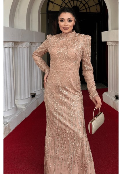 Full Boncuk Kumaş Tasarım Abiye Elbise - Bronz modelleri