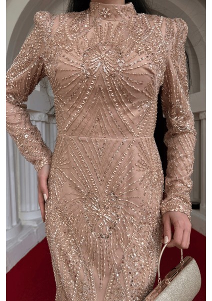 Full Boncuk Kumaş Tasarım Abiye Elbise - Bronz fırsatları