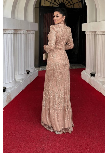 Full Boncuk Kumaş Tasarım Abiye Elbise - Bronz indirimleri