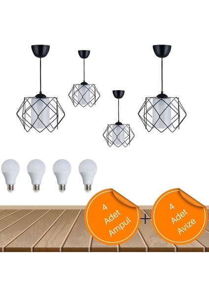 Siyah Tasarım Beyaz Mika Camlı Çok Kare Salon Yatak Odası Çocuk Odası 4 Adet Avize 4 Adet LED Ampul