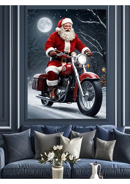 Motosikletli Noel Baba Dekoratif Kanvas - Mdf Ahşap Tablo
