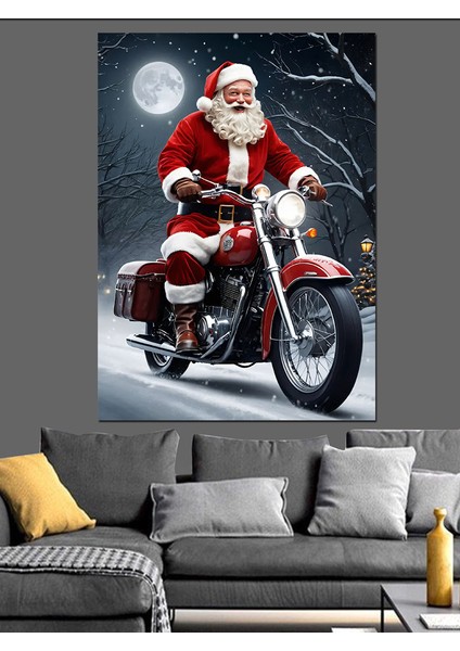 Motosikletli Noel Baba Dekoratif Kanvas - Mdf Ahşap Tablo