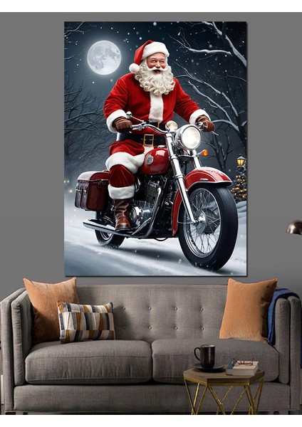 Motosikletli Noel Baba Dekoratif Kanvas - Mdf Ahşap Tablo