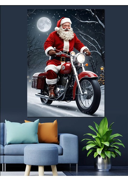 Motosikletli Noel Baba Dekoratif Kanvas - Mdf Ahşap Tablo