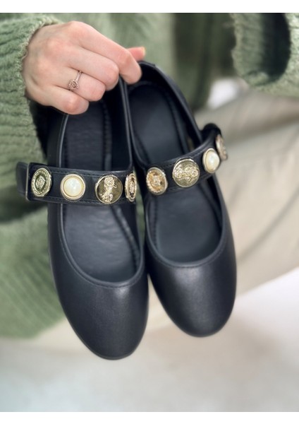 Günlük Kadın Babet Inci Altın Bant Toka Oval Burun Hafif Ortopedik Rahat Ev Iş Ofis Ayakkabı 300