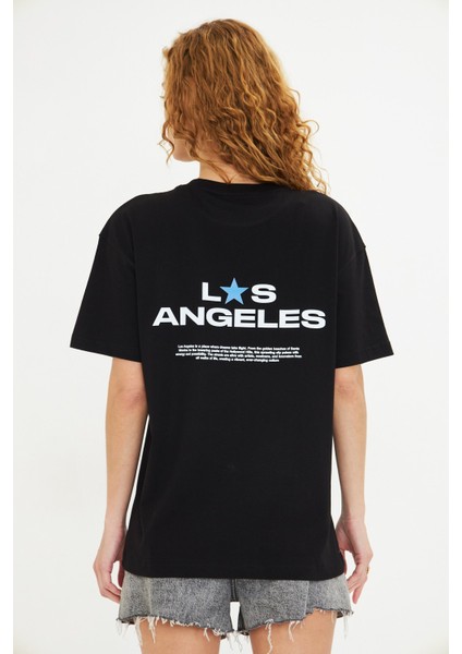 Los Angeles Baskılı %100 Pamuk Oversize Kadın Tişört