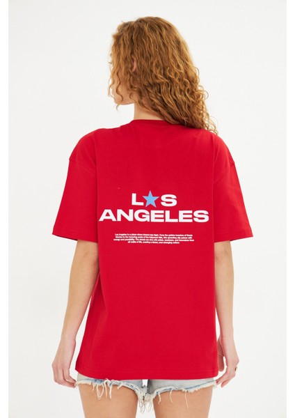 Los Angeles Baskılı %100 Pamuk Oversize Kadın Tişört