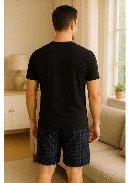 Siyah Ekose Cep Detaylı Şortlu Kısa Kollu Erkek Pijama Takımı