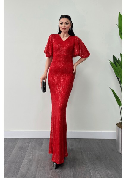 Pul Payet Kumaş V Yaka Abiye Elbise - Kırmızı