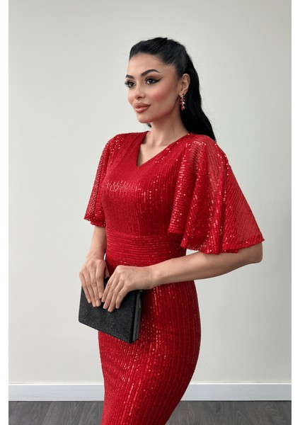 Pul Payet Kumaş V Yaka Abiye Elbise - Kırmızı modelleri