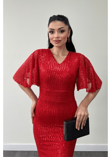 Pul Payet Kumaş V Yaka Abiye Elbise - Kırmızı fırsatları