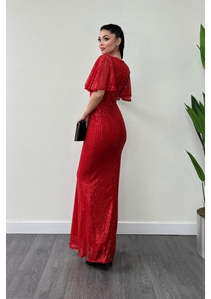 Pul Payet Kumaş V Yaka Abiye Elbise - Kırmızı indirimleri