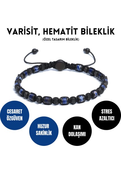 Varisit, Hematit Bileklik - İden Black Blue Bileklik - Tasarım Bileklik 4 mm Ayarlanabilir
