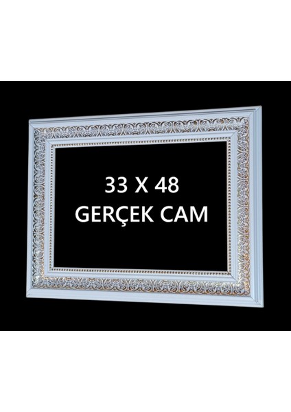 Diploma Çerçevesi Dekoratif 33 x 48 Beyaz- Gold Işlemeli Gerçek Cam
