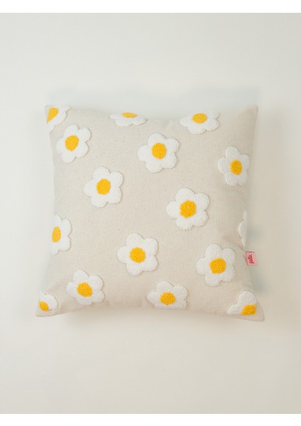Papatya Desenli Punch Yıkanmış Keten Kırlent Kılıfı - Beyaz/keten