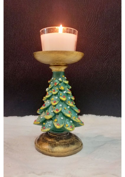 Yılbaşı Ağacı Şamdan Merry Christmas Dekoratif Yeşil Noel Çam Ağacı Mumluk Küçük Boy 15 x 12 cm