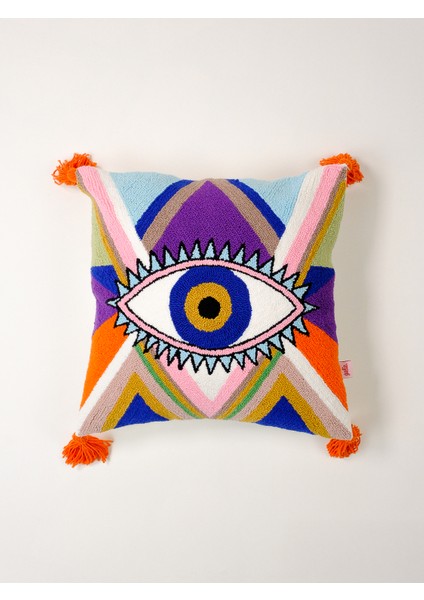 Özel Tasarım Renkli Göz Punch Kırlent Kılıfı / Mor-Turuncu