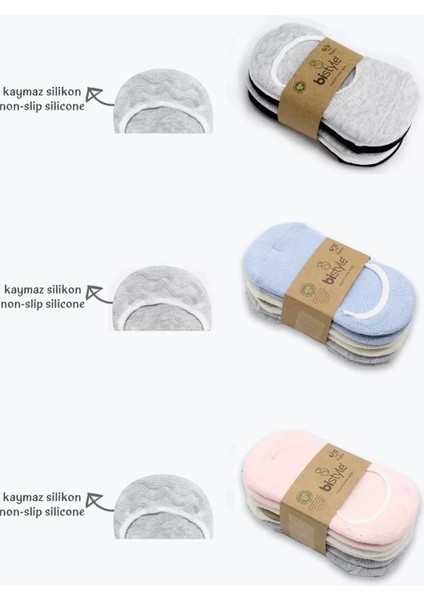 6'lı Silikonlu Babet Penye Çorap BS30101B Gri Beyaz Siyah modelleri