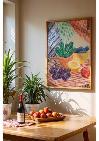 Renkli Meyve Baskısı Ahşap Çerçeveli Mutfak Duvar Tablosu