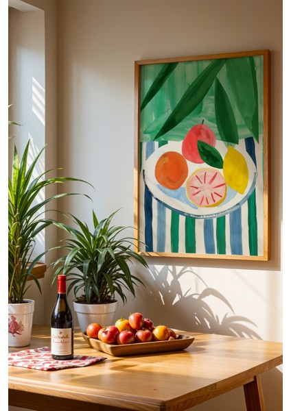 Soyut Meyve Kasesi Sanat Baskısı Ahşap Çerçeveli Mutfak Duvar Tablosu