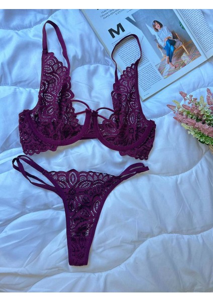 Mürdüm Mor Balenli Çift Ip Detaylı Dantel Detay Bralette String/tanga & Sütyen Fantazii İç Çamaşır Takımı