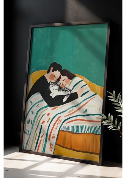 Rahat Çift ve Kedi Baskısı Ahşap Çerçeveli Yatak Odası Duvar Tablosu