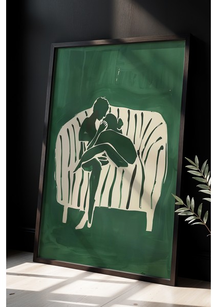 Kanepede Romantik Çift Baskısı Ahşap Çerçeveli Yatak Odası Duvar Tablosu