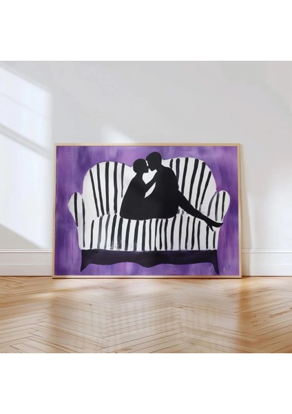 Kanepede Romantik Çift Baskısı Nude Ahşap Çerçeveli Duvar Tablosu