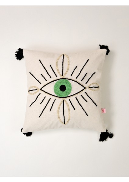 Evil Eye Göz Figürlü Simli Punch Kırlent Kılıfı - Yeşil