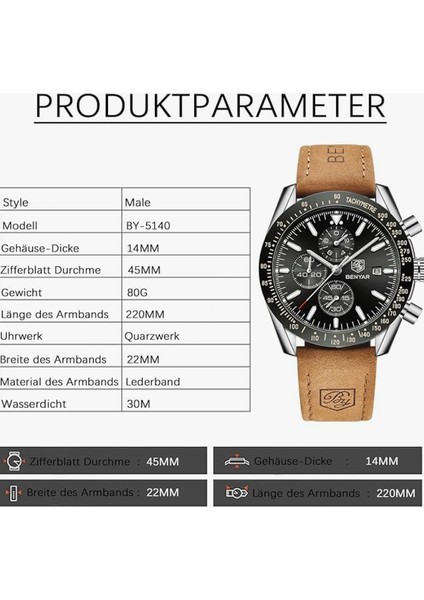 Erkek Saati Kuvars Spor Kronograf Moda Iş Lüks Marka Su Geçirmez Saat Analog Tarih Erkek Kahverengi Deri Saat Erkekler Için
