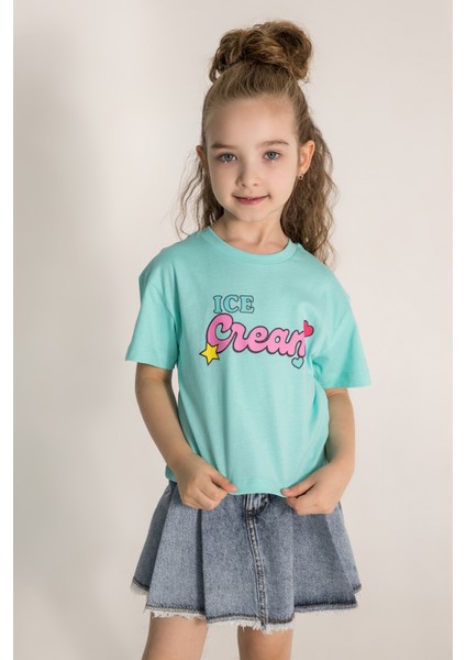 Kız Çocuk Baskılı Tişört (Mavi)