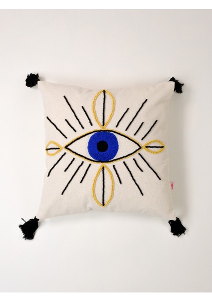 EYE OF AURA - Göz Figürlü Simli Punch Kırlent Kılıfı - Saks Mavi