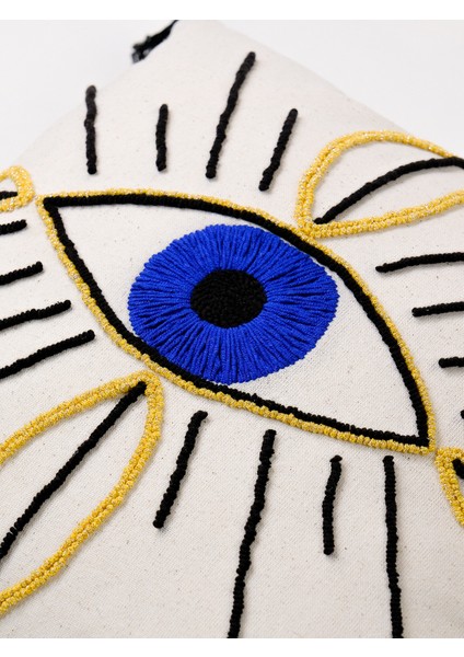 EYE OF AURA - Göz Figürlü Simli Punch Kırlent Kılıfı - Saks Mavi
